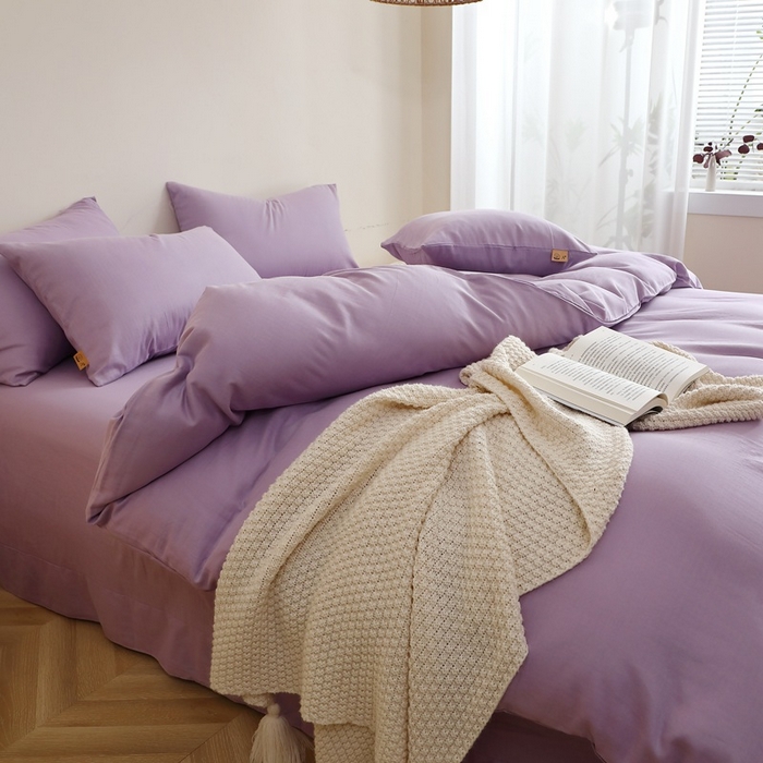 91家纺网 家纺一手货源 找家纺 晶缦家纺 2026新款纯棉纯色A类全棉双层纱四件套（水洗预处理）-觅琳系列 觅琳-木槿紫