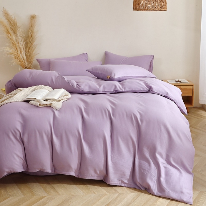 91家纺网 家纺一手货源 找家纺 晶缦家纺 2026新款纯棉纯色A类全棉双层纱四件套（水洗预处理）-觅琳系列 觅琳-木槿紫