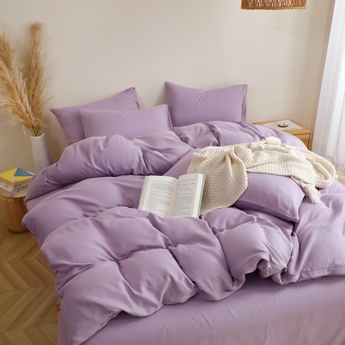 91家纺网 家纺一手货源 找家纺 晶缦家纺 2026新款纯棉纯色A类全棉双层纱四件套（水洗预处理）-觅琳系列 觅琳-木槿紫