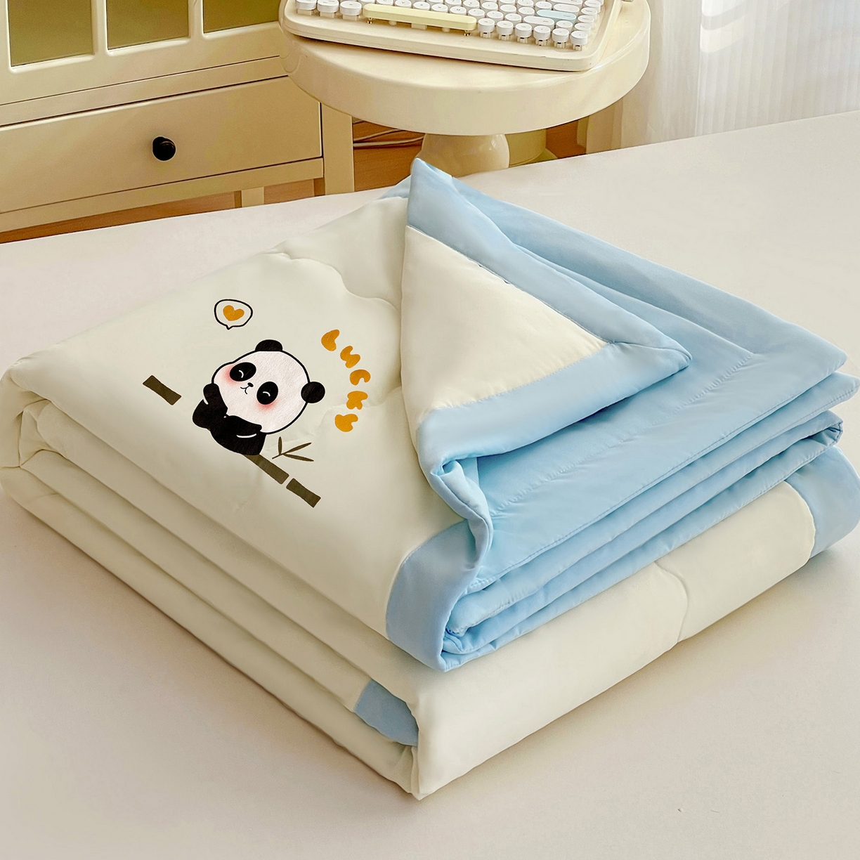 易展家居 2026新款水洗棉新疆棉花夏被-熊猫 能猫-白拼蓝
