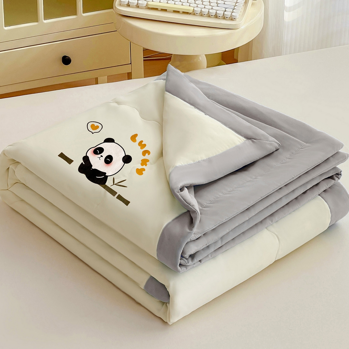 易展家居 2026新款水洗棉新疆棉花夏被-熊猫 能猫-白拼灰