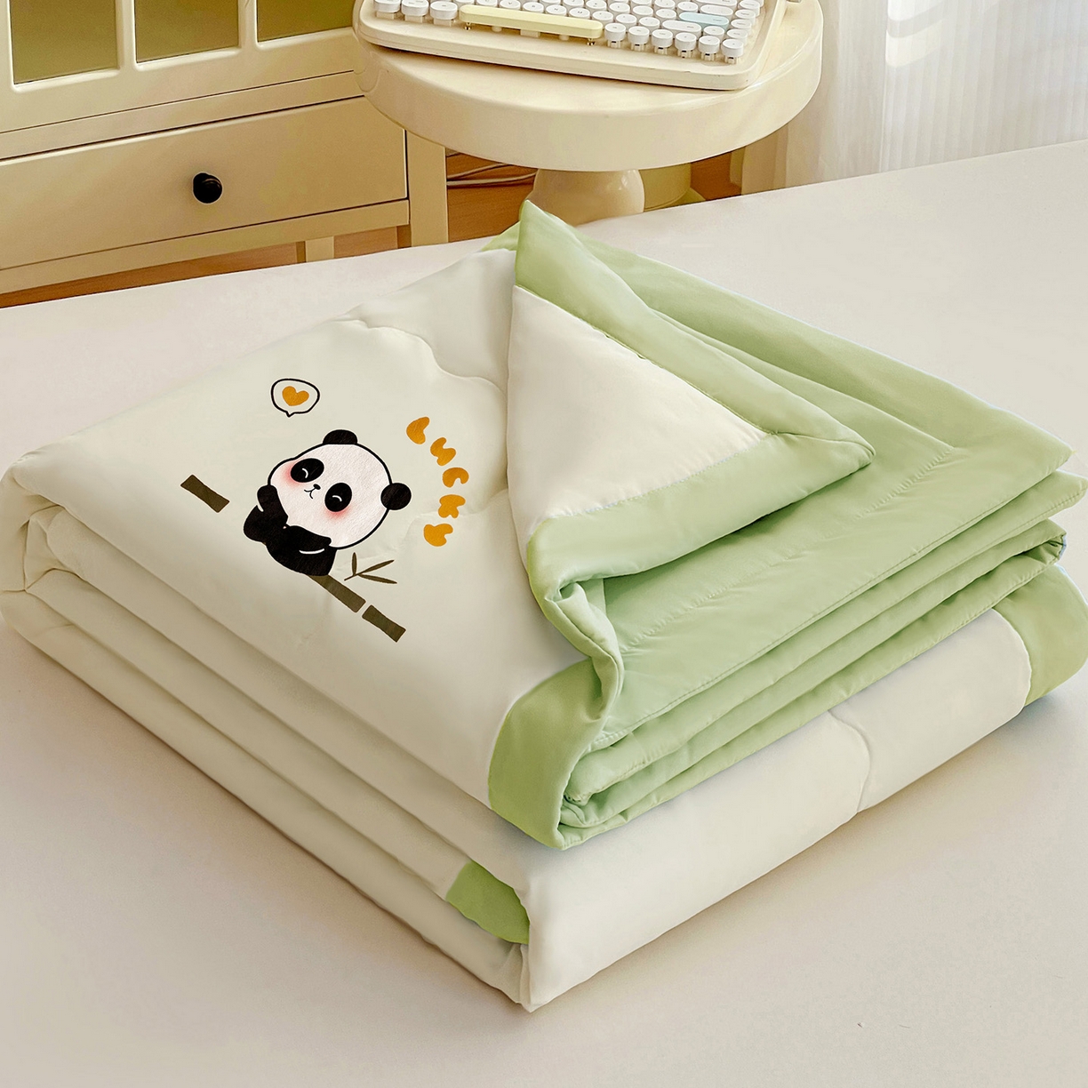 易展家居 2026新款水洗棉新疆棉花夏被-熊猫 能猫-白拼绿
