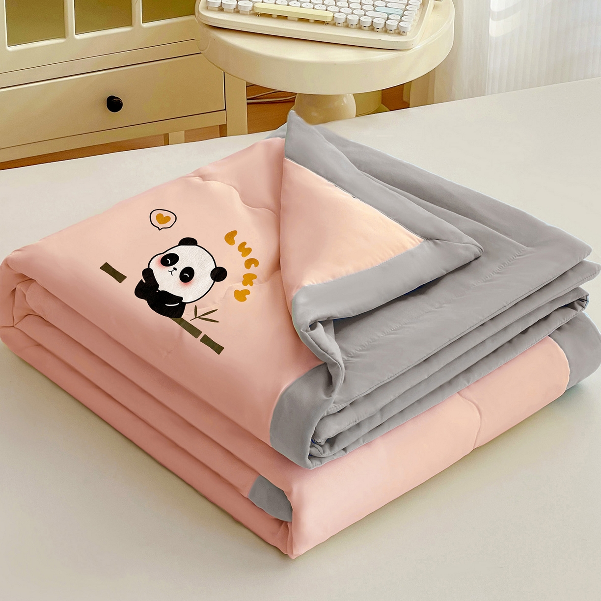 易展家居 2026新款水洗棉新疆棉花夏被-熊猫 能猫-粉拼灰
