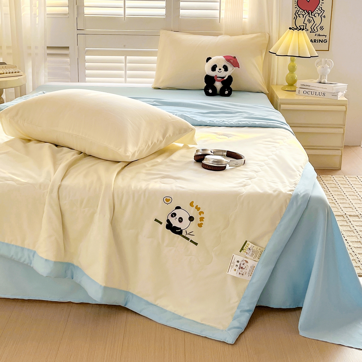 91家纺网 家纺一手货源 找家纺 易展家居 2026新款水洗棉新疆棉花夏被-熊猫 能猫-白拼蓝