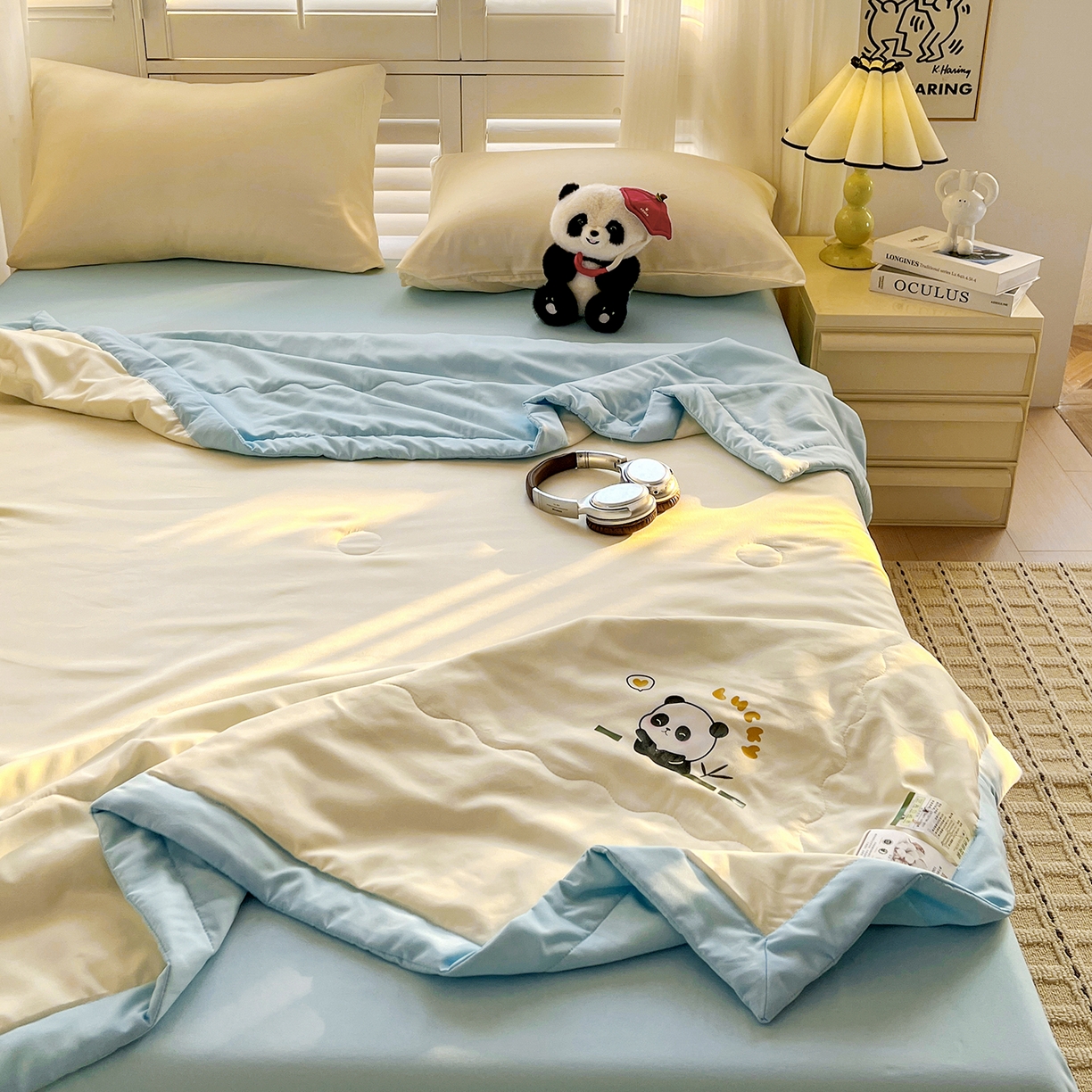 91家纺网 家纺一手货源 找家纺 易展家居 2026新款水洗棉新疆棉花夏被-熊猫 能猫-白拼蓝