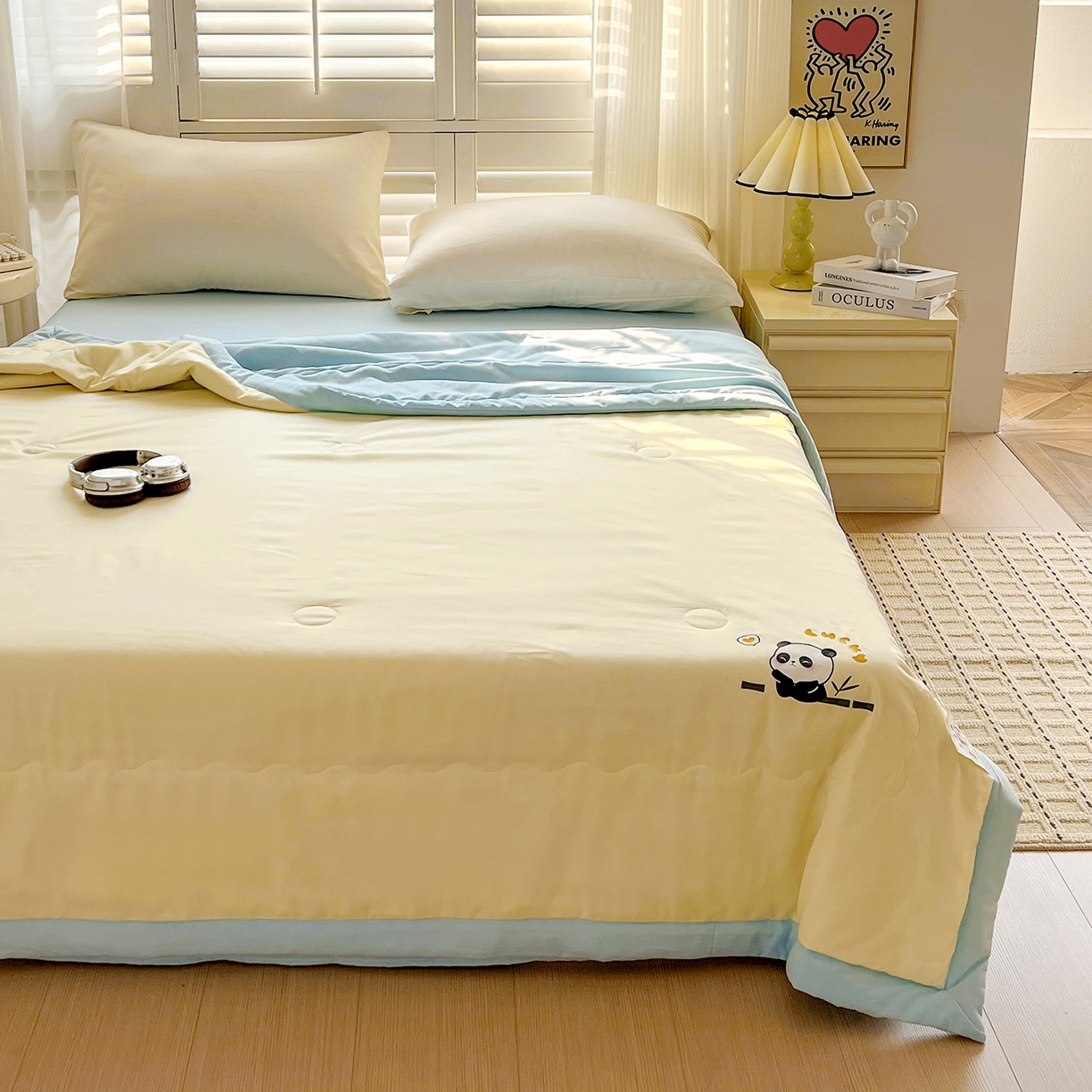 91家纺网 家纺一手货源 找家纺 易展家居 2026新款水洗棉新疆棉花夏被-熊猫 能猫-黄拼蓝