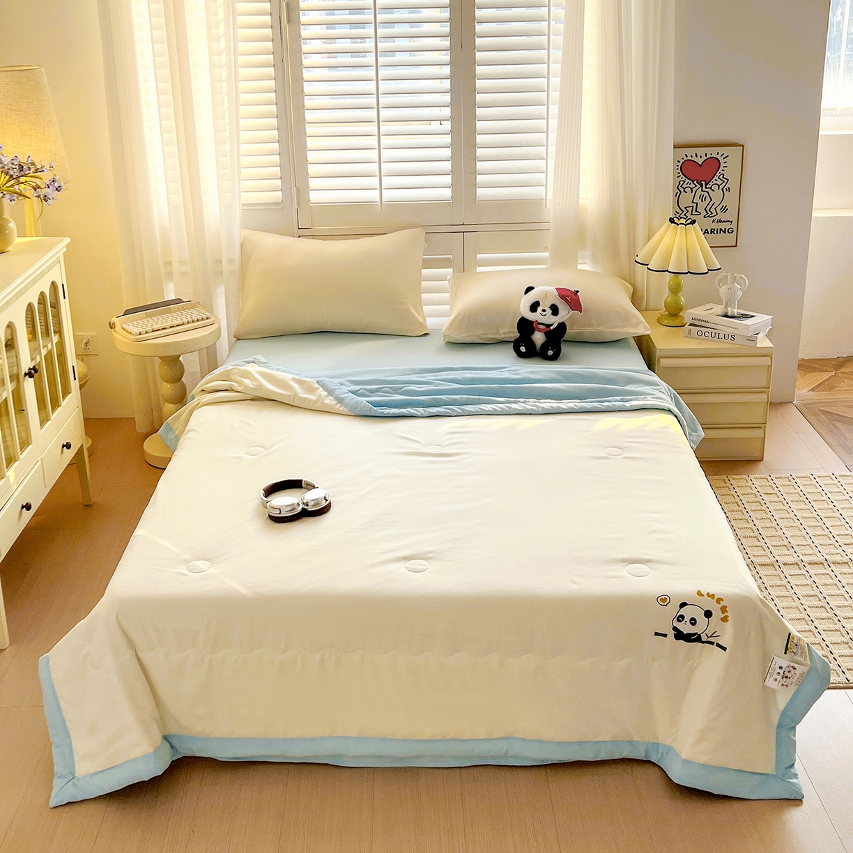 91家纺网 家纺一手货源 找家纺 易展家居 2026新款水洗棉新疆棉花夏被-熊猫 能猫-白拼蓝