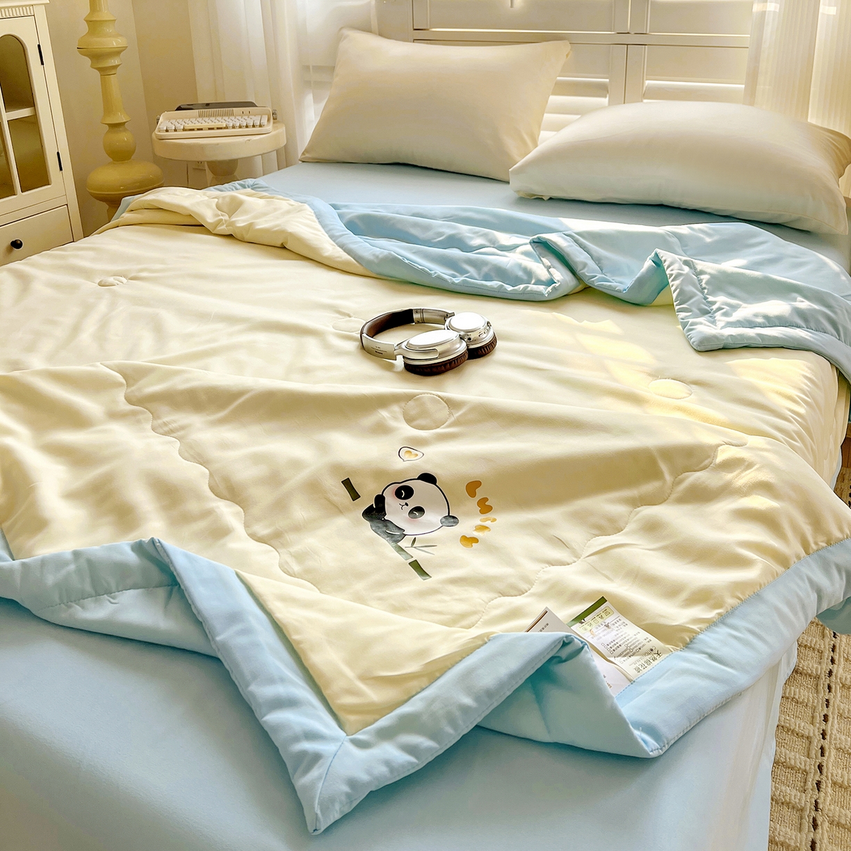 91家纺网 家纺一手货源 找家纺 易展家居 2026新款水洗棉新疆棉花夏被-熊猫 能猫-黄拼蓝