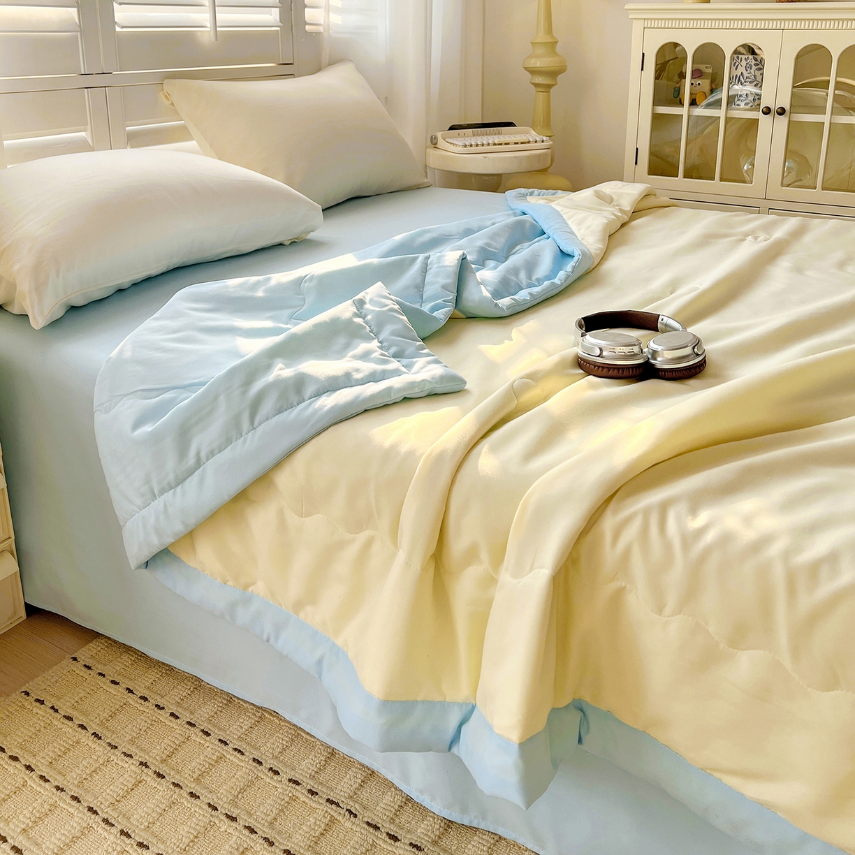 91家纺网 家纺一手货源 找家纺 易展家居 2026新款水洗棉新疆棉花夏被-熊猫 能猫-黄拼蓝