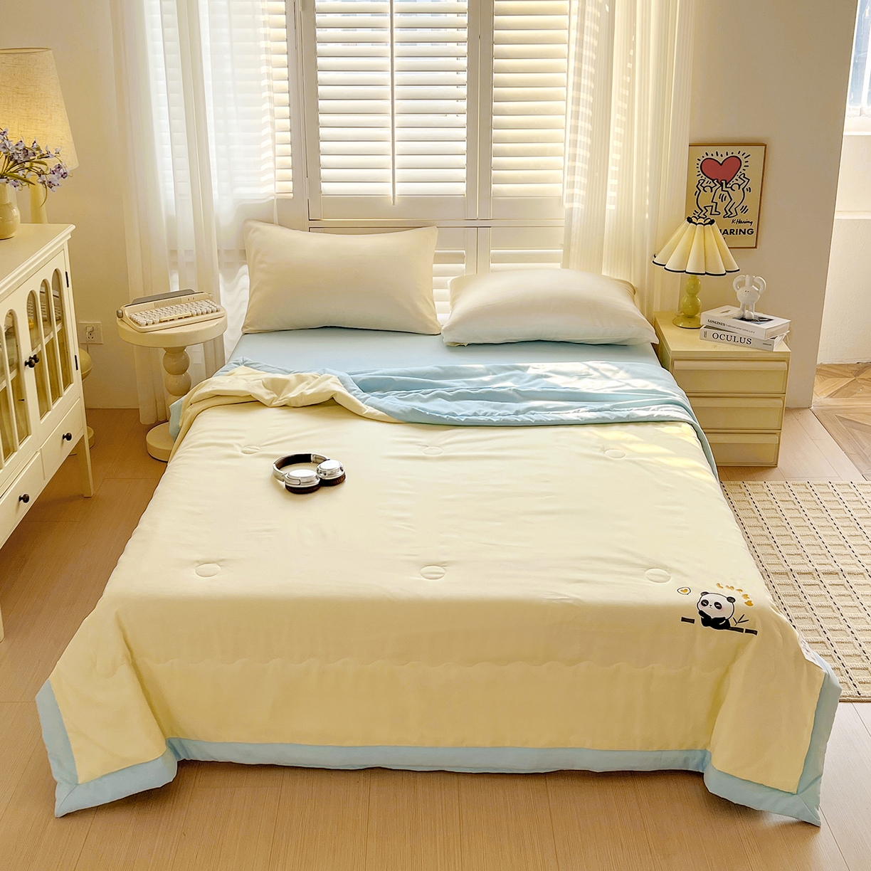 91家纺网 家纺一手货源 找家纺 易展家居 2026新款水洗棉新疆棉花夏被-熊猫 能猫-黄拼蓝