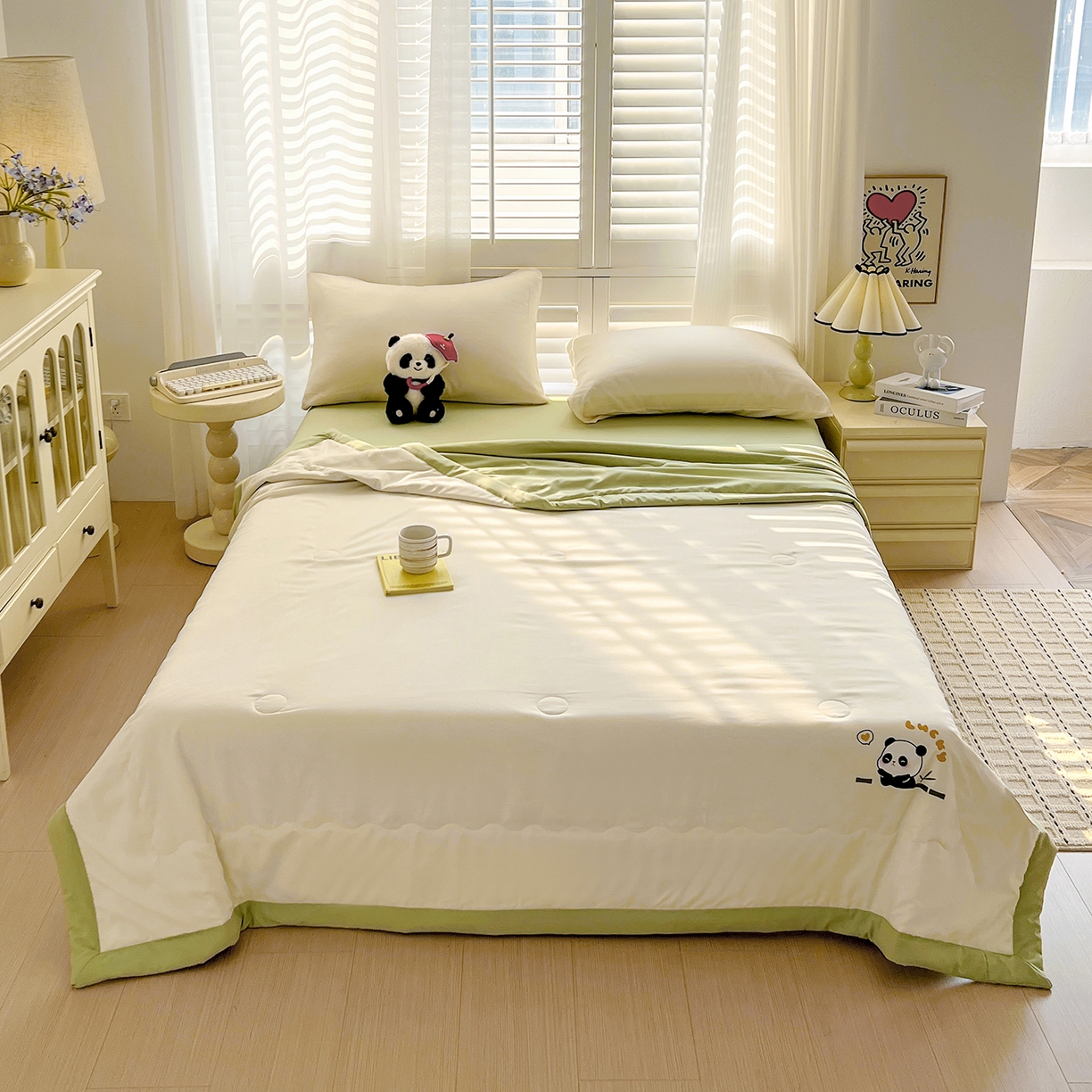 91家纺网 家纺一手货源 找家纺 易展家居 2026新款水洗棉新疆棉花夏被-熊猫 能猫-白拼绿