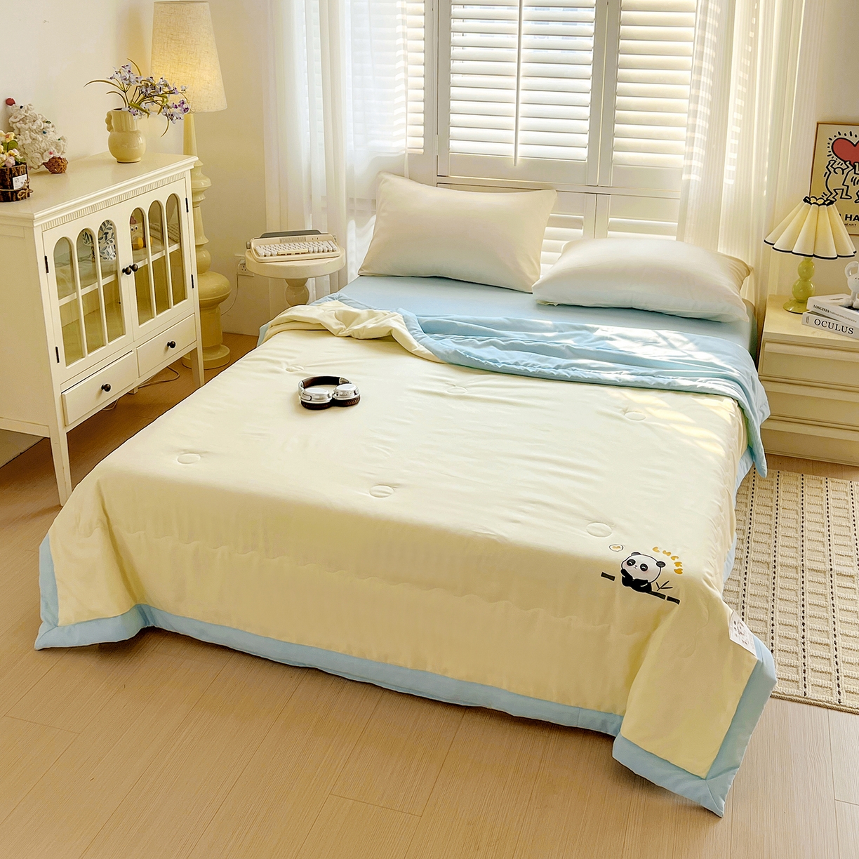 91家纺网 家纺一手货源 找家纺 易展家居 2026新款水洗棉新疆棉花夏被-熊猫 能猫-黄拼蓝