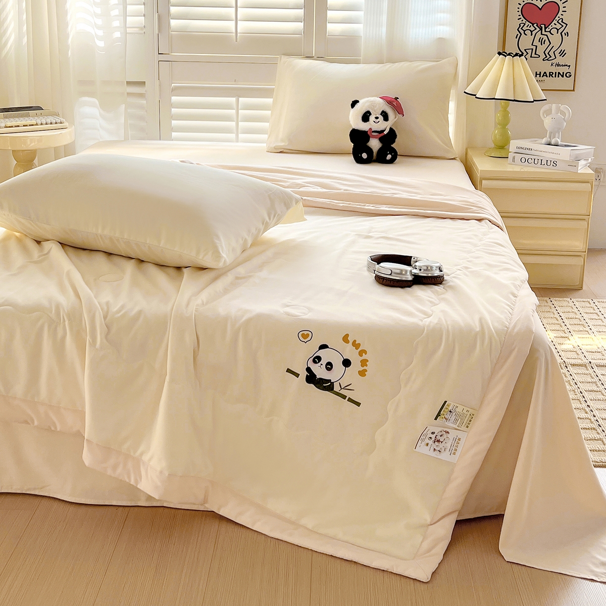 91家纺网 家纺一手货源 找家纺 易展家居 2026新款水洗棉新疆棉花夏被-熊猫 熊猫-白拼卡其