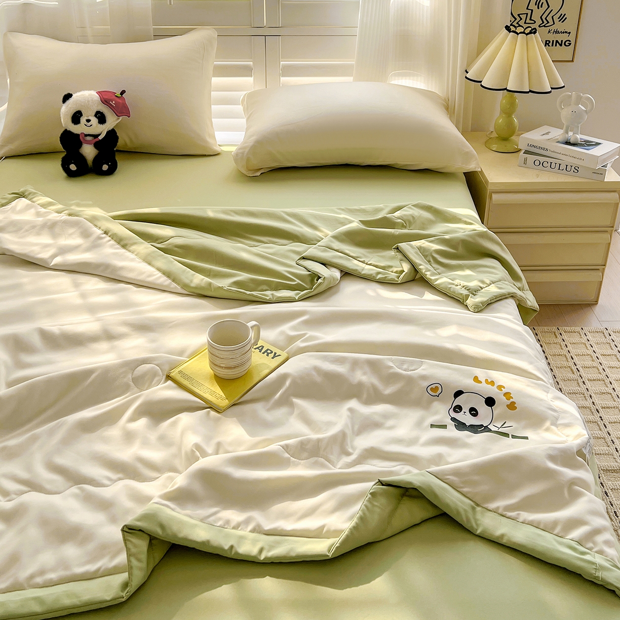 91家纺网 家纺一手货源 找家纺 易展家居 2026新款水洗棉新疆棉花夏被-熊猫 能猫-白拼绿