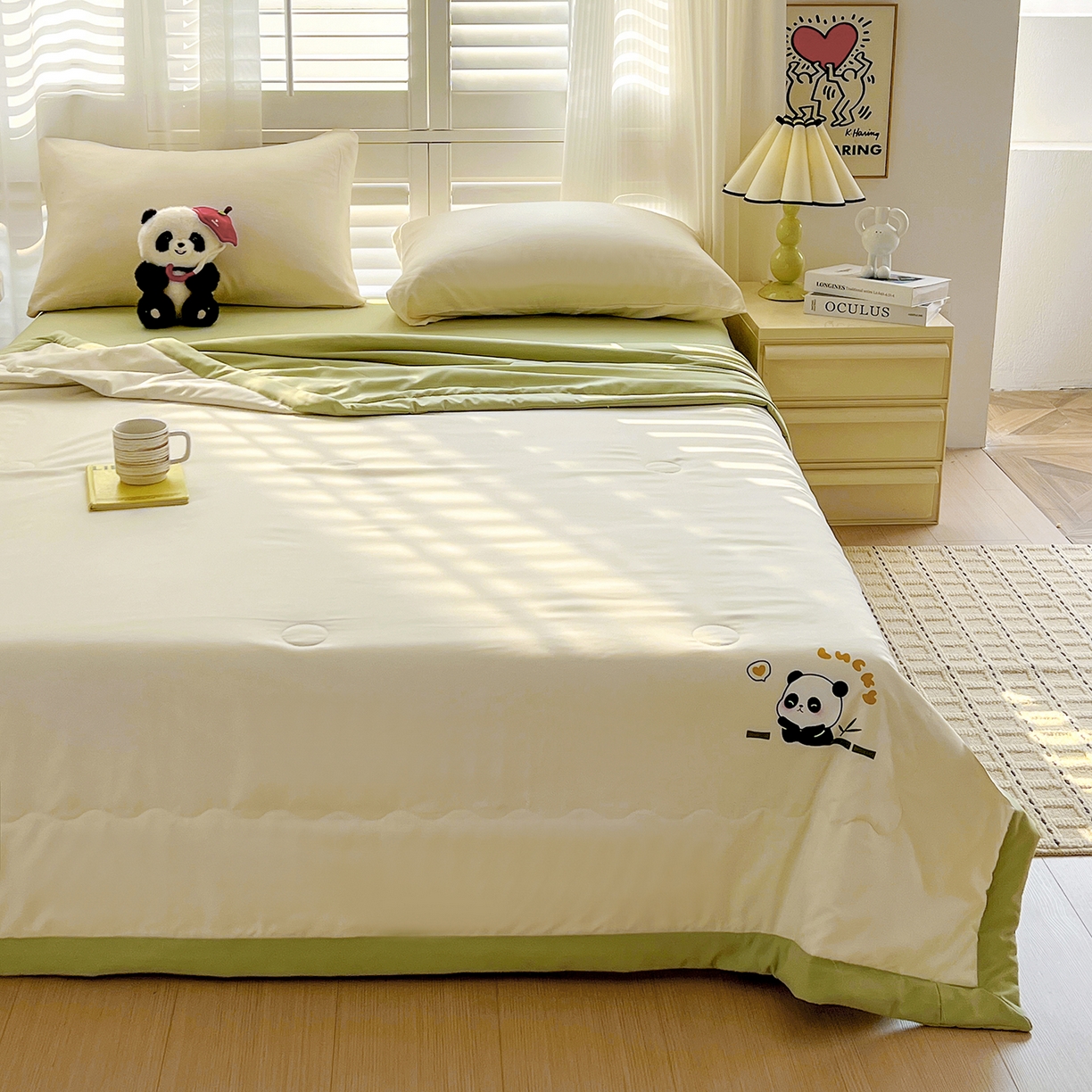 91家纺网 家纺一手货源 找家纺 易展家居 2026新款水洗棉新疆棉花夏被-熊猫 能猫-白拼绿