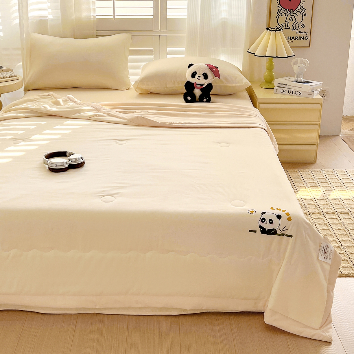 91家纺网 家纺一手货源 找家纺 易展家居 2026新款水洗棉新疆棉花夏被-熊猫 熊猫-白拼卡其