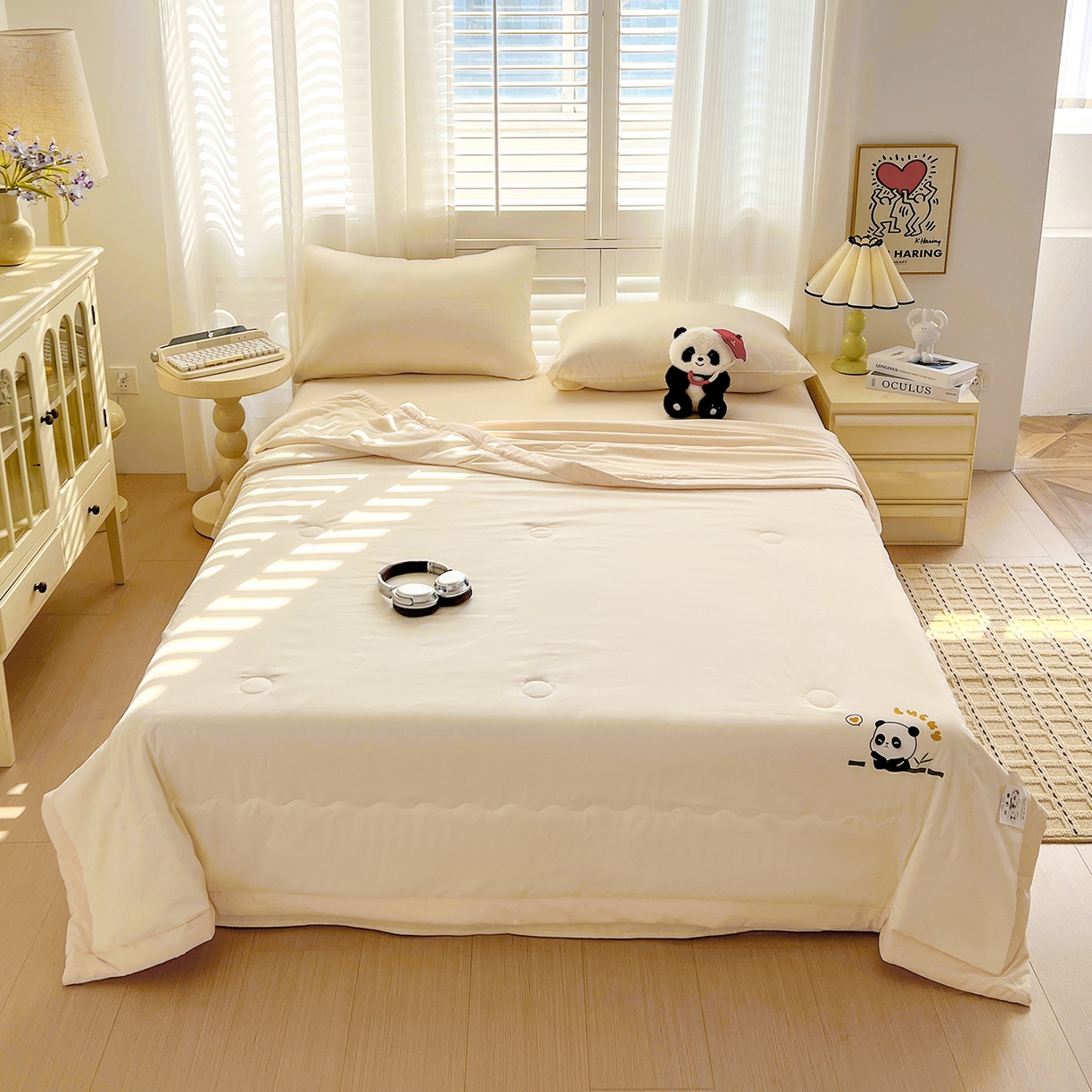 91家纺网 家纺一手货源 找家纺 易展家居 2026新款水洗棉新疆棉花夏被-熊猫 熊猫-白拼卡其