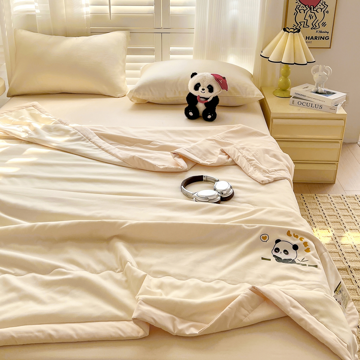 91家纺网 家纺一手货源 找家纺 易展家居 2026新款水洗棉新疆棉花夏被-熊猫 熊猫-白拼卡其