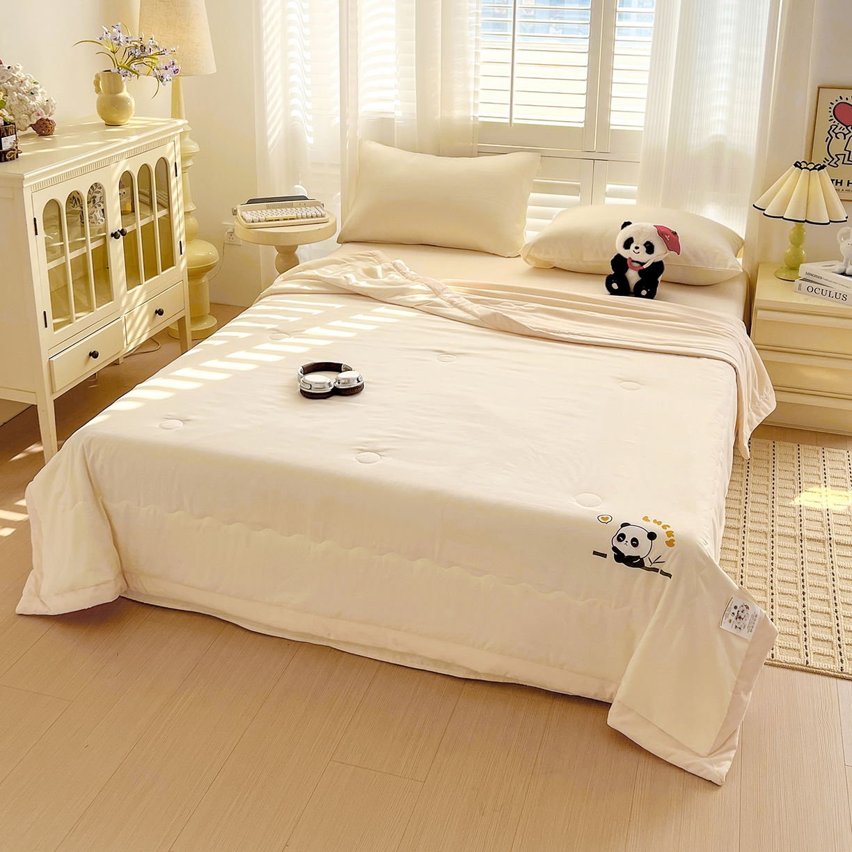 91家纺网 家纺一手货源 找家纺 易展家居 2026新款水洗棉新疆棉花夏被-熊猫 熊猫-白拼卡其