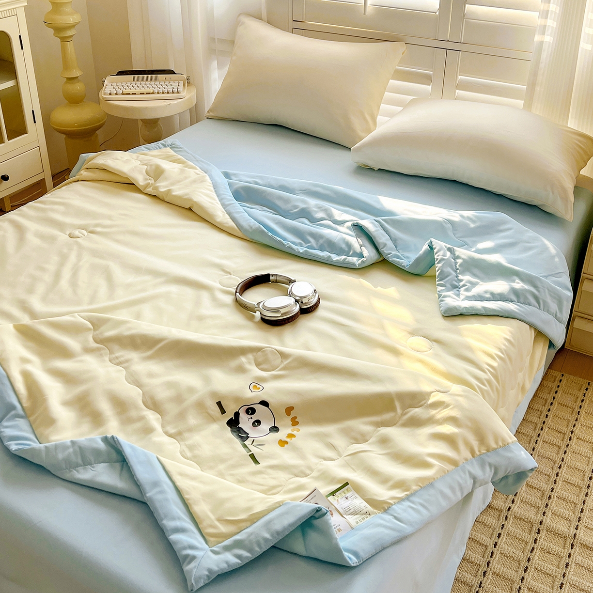 91家纺网 家纺一手货源 找家纺 易展家居 2026新款水洗棉新疆棉花夏被-熊猫 能猫-黄拼蓝