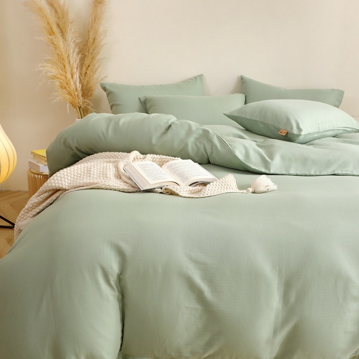91家纺网 家纺一手货源 找家纺 晶缦家纺 2026新款纯棉纯色A类全棉双层纱四件套（水洗预处理）-觅琳系列 觅琳-嫩荷绿