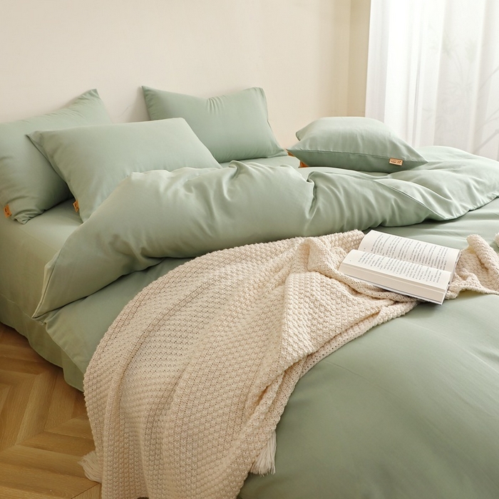 91家纺网 家纺一手货源 找家纺 晶缦家纺 2026新款纯棉纯色A类全棉双层纱四件套（水洗预处理）-觅琳系列 觅琳-嫩荷绿