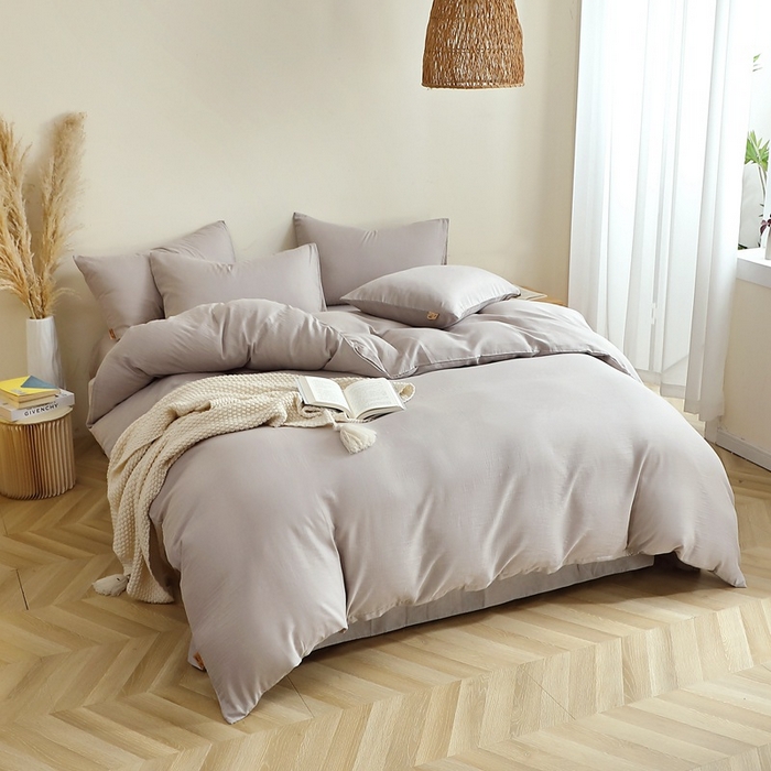 91家纺网 家纺一手货源 找家纺 晶缦家纺 2026新款纯棉纯色A类全棉双层纱四件套（水洗预处理）-觅琳系列 觅琳-暖藕灰