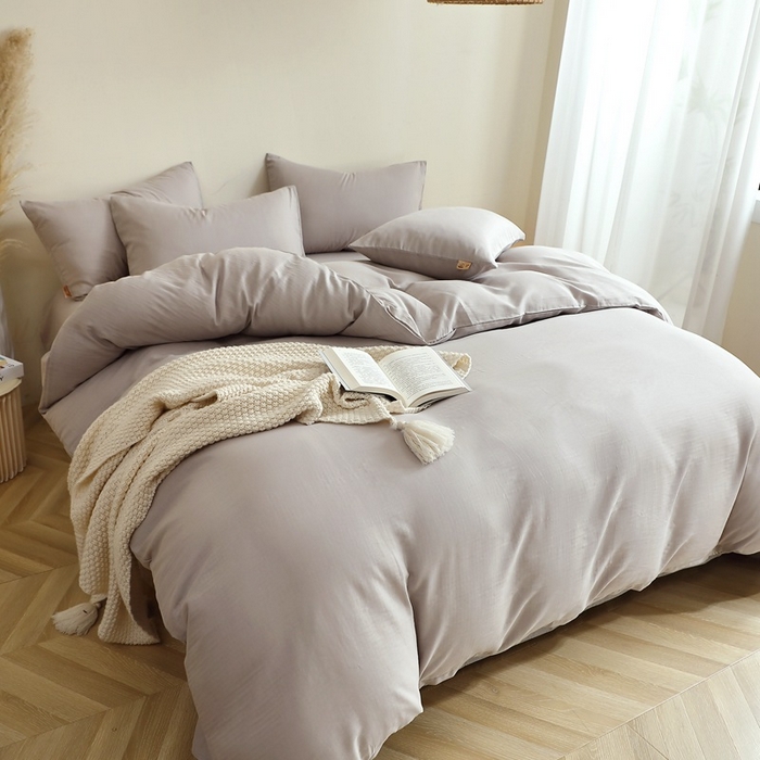 91家纺网 家纺一手货源 找家纺 晶缦家纺 2026新款纯棉纯色A类全棉双层纱四件套（水洗预处理）-觅琳系列 觅琳-暖藕灰