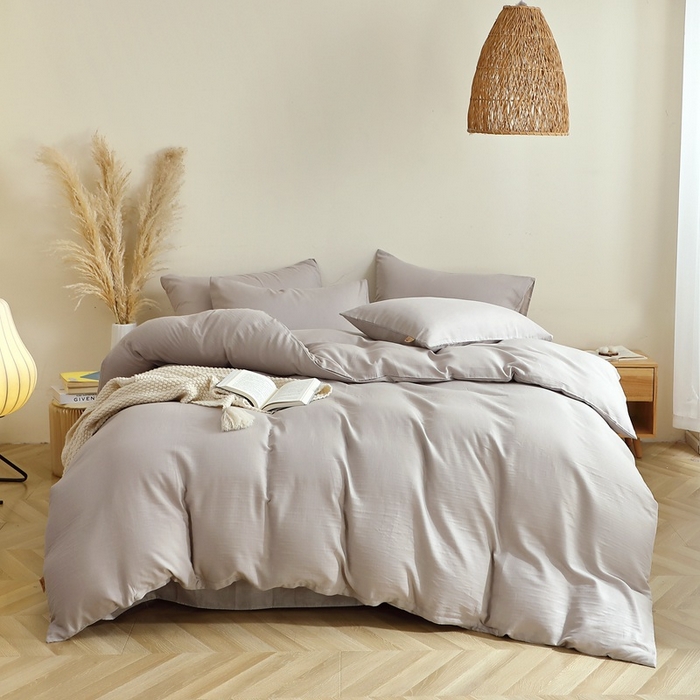 91家纺网 家纺一手货源 找家纺 晶缦家纺 2026新款纯棉纯色A类全棉双层纱四件套（水洗预处理）-觅琳系列 觅琳-暖藕灰