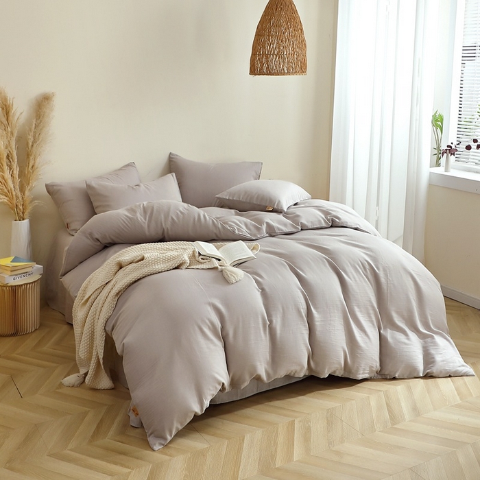 91家纺网 家纺一手货源 找家纺 晶缦家纺 2026新款纯棉纯色A类全棉双层纱四件套（水洗预处理）-觅琳系列 觅琳-暖藕灰