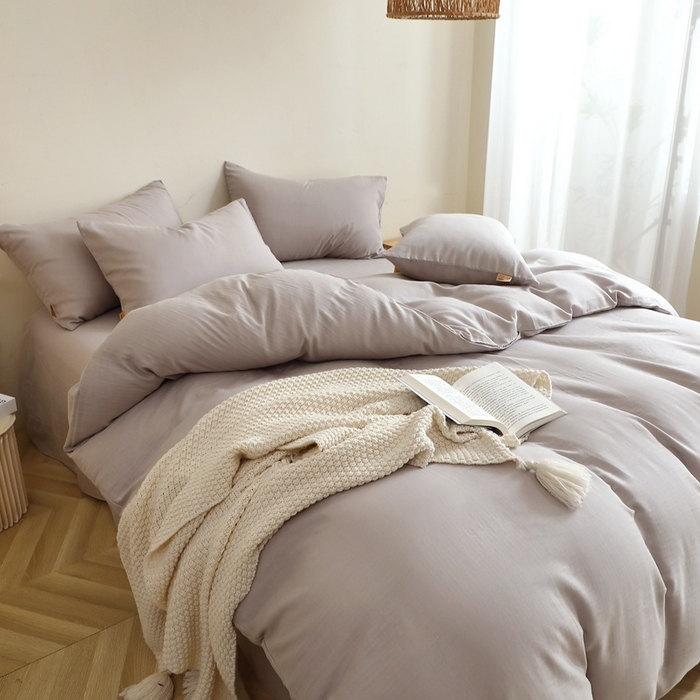 91家纺网 家纺一手货源 找家纺 晶缦家纺 2026新款纯棉纯色A类全棉双层纱四件套（水洗预处理）-觅琳系列 觅琳-暖藕灰