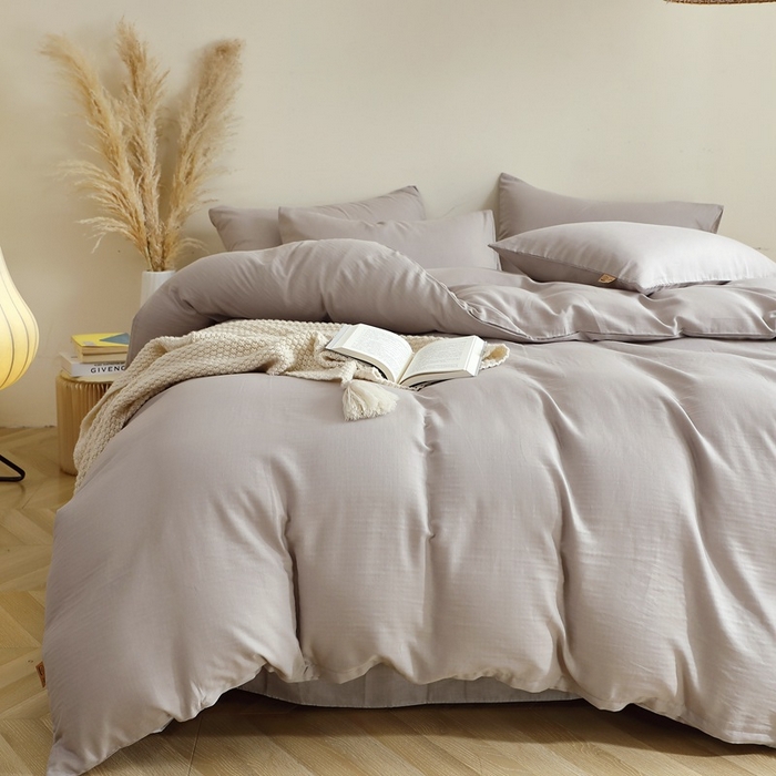 91家纺网 家纺一手货源 找家纺 晶缦家纺 2026新款纯棉纯色A类全棉双层纱四件套（水洗预处理）-觅琳系列 觅琳-暖藕灰