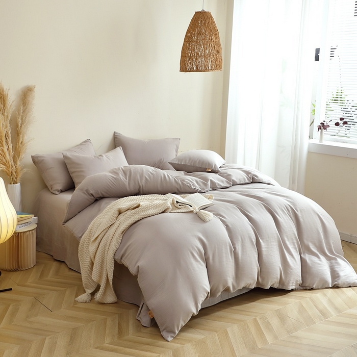 91家纺网 家纺一手货源 找家纺 晶缦家纺 2026新款纯棉纯色A类全棉双层纱四件套（水洗预处理）-觅琳系列 觅琳-暖藕灰