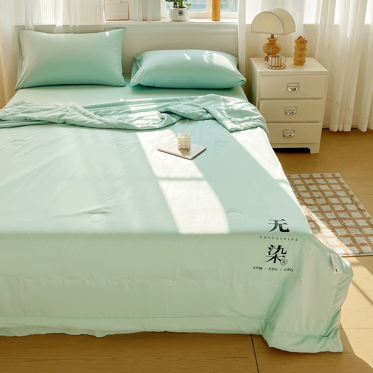 91家纺网 家纺一手货源 找家纺 易展家居 2026新款水洗棉大豆纤维夏被-无染+熊猫 无染-奶昔绿