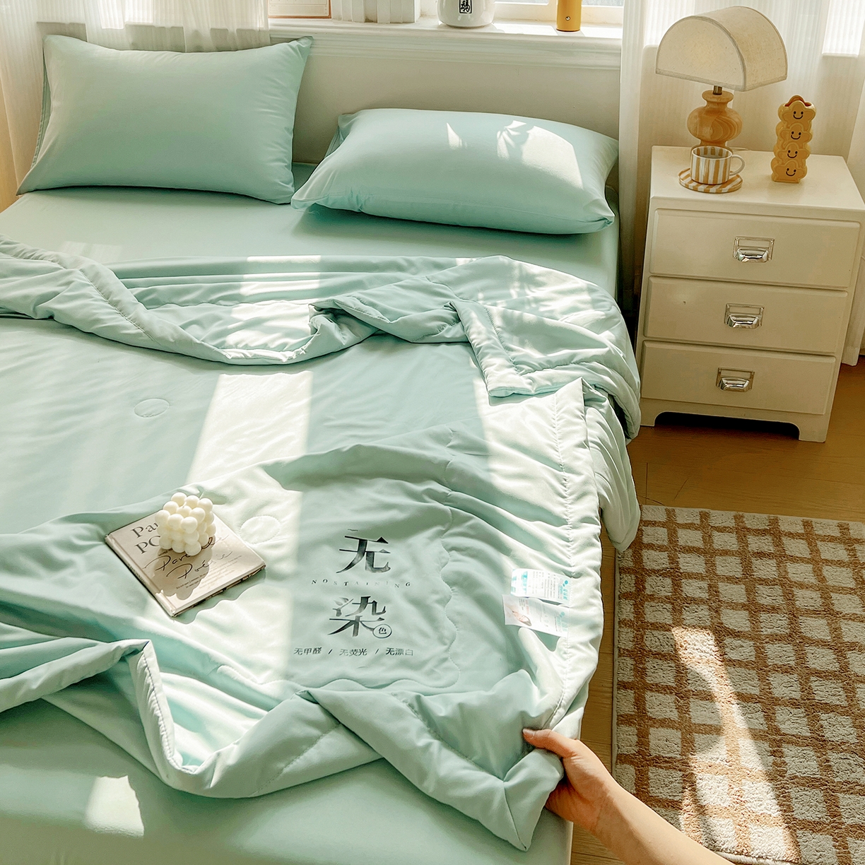 91家纺网 家纺一手货源 找家纺 易展家居 2026新款水洗棉大豆纤维夏被-无染+熊猫 无染-奶昔绿