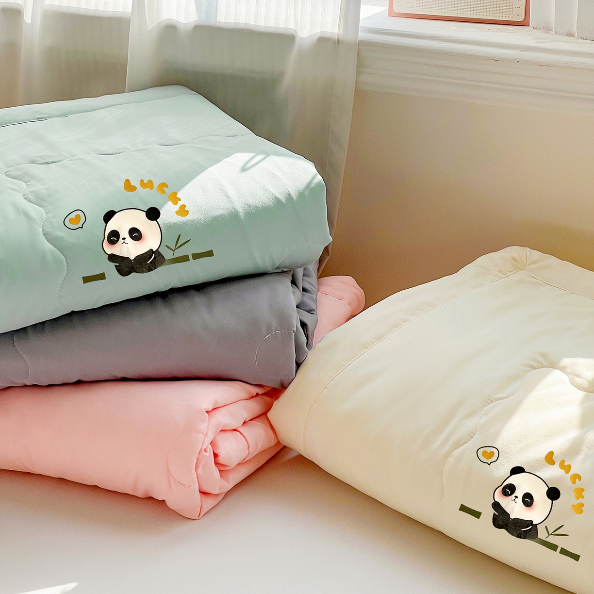 91家纺网 家纺一手货源 找家纺 易展家居 2026新款水洗棉大豆纤维夏被-无染+熊猫 主图