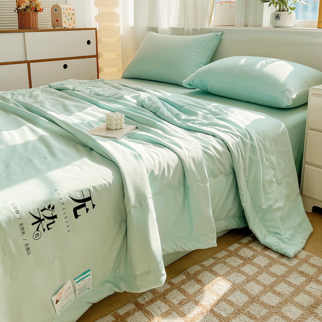 91家纺网 家纺一手货源 找家纺 易展家居 2026新款水洗棉大豆纤维夏被-无染+熊猫 无染-奶昔绿