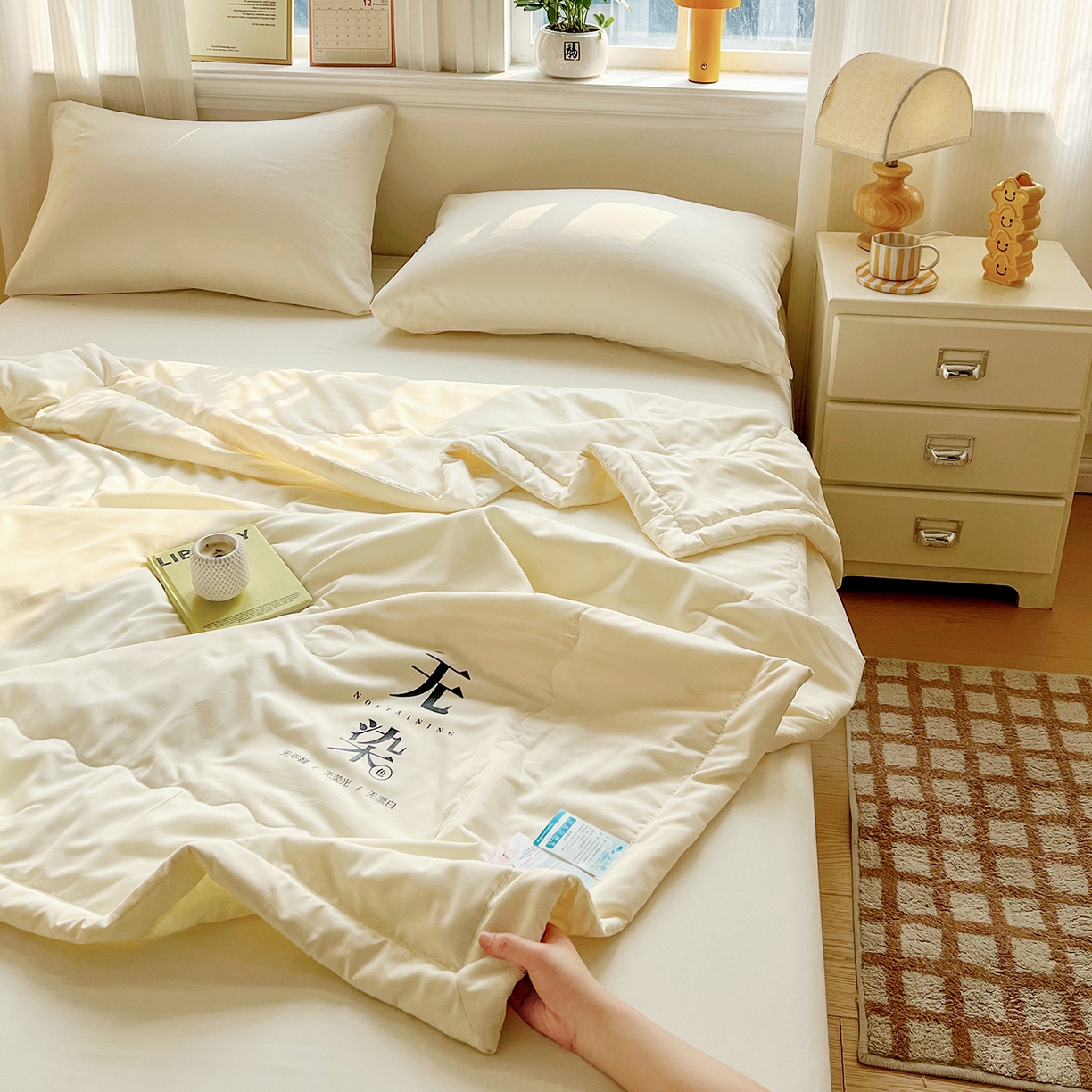 91家纺网 家纺一手货源 找家纺 易展家居 2026新款水洗棉大豆纤维夏被-无染+熊猫 无染-奶昔黃