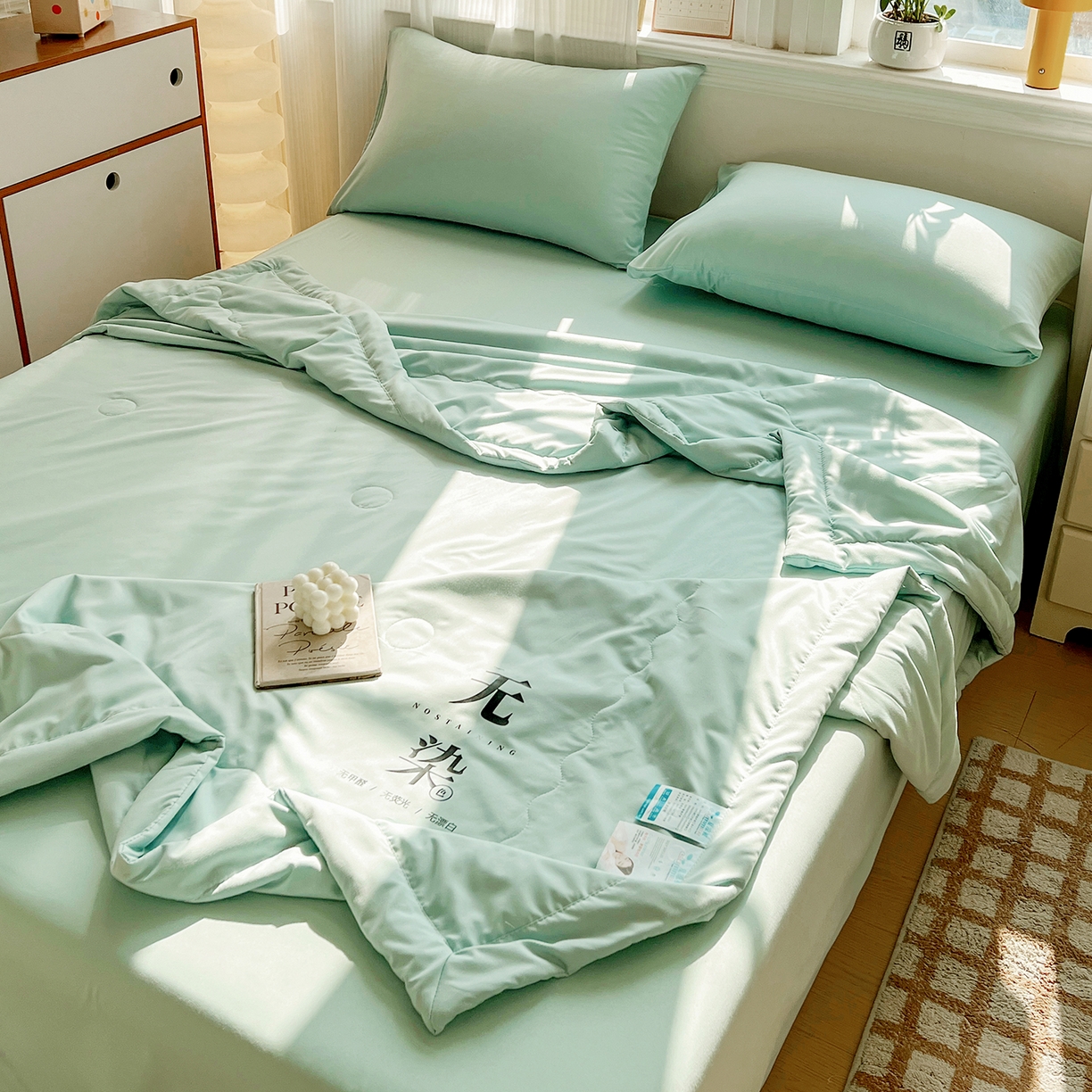 91家纺网 家纺一手货源 找家纺 易展家居 2026新款水洗棉大豆纤维夏被-无染+熊猫 无染-奶昔绿