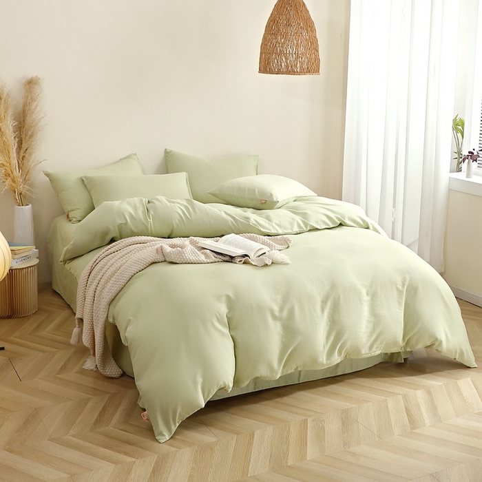 91家纺网 家纺一手货源 找家纺 晶缦家纺 2026新款纯棉纯色A类全棉双层纱四件套（水洗预处理）-觅琳系列 觅琳-浅春绿