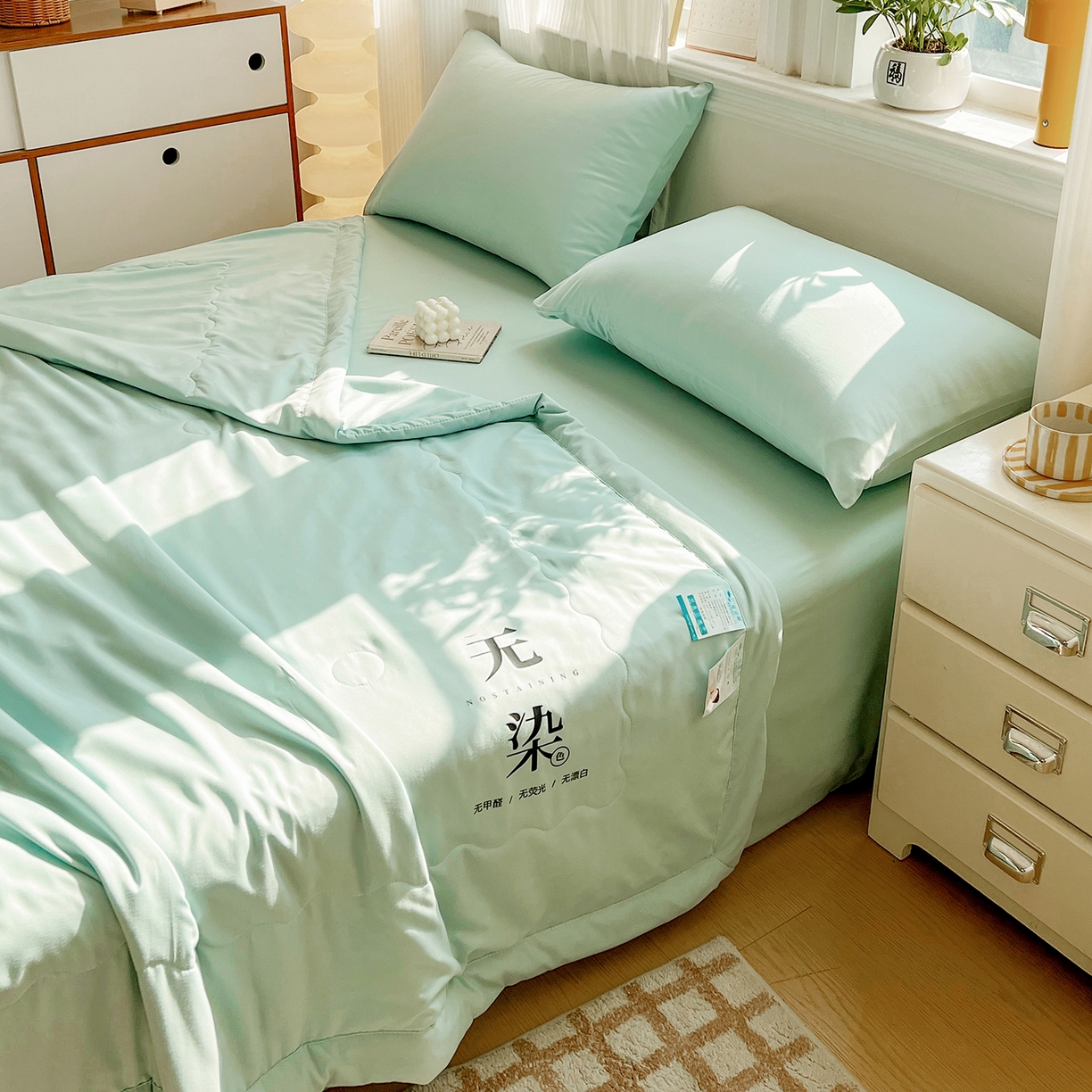 91家纺网 家纺一手货源 找家纺 易展家居 2026新款水洗棉大豆纤维夏被-无染+熊猫 无染-奶昔绿