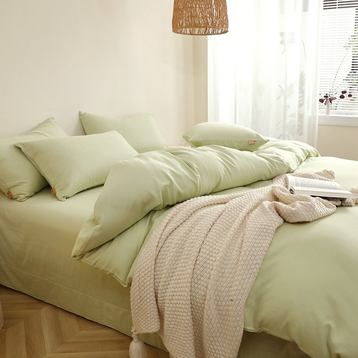 91家纺网 家纺一手货源 找家纺 晶缦家纺 2026新款纯棉纯色A类全棉双层纱四件套（水洗预处理）-觅琳系列 觅琳-浅春绿