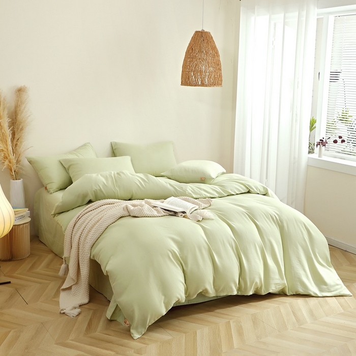 91家纺网 家纺一手货源 找家纺 晶缦家纺 2026新款纯棉纯色A类全棉双层纱四件套（水洗预处理）-觅琳系列 觅琳-浅春绿