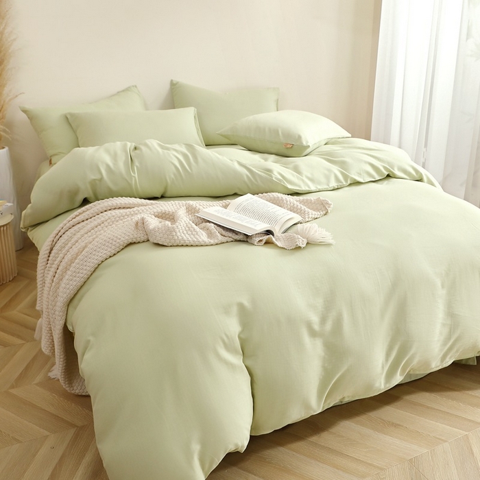 91家纺网 家纺一手货源 找家纺 晶缦家纺 2026新款纯棉纯色A类全棉双层纱四件套（水洗预处理）-觅琳系列 觅琳-浅春绿
