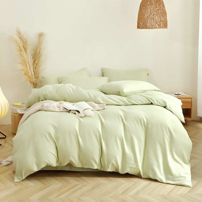 91家纺网 家纺一手货源 找家纺 晶缦家纺 2026新款纯棉纯色A类全棉双层纱四件套（水洗预处理）-觅琳系列 觅琳-浅春绿