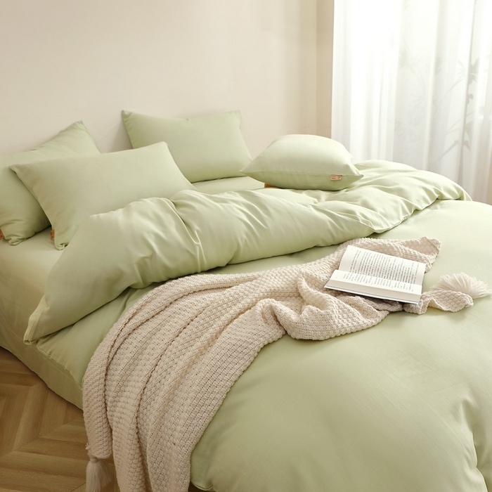91家纺网 家纺一手货源 找家纺 晶缦家纺 2026新款纯棉纯色A类全棉双层纱四件套（水洗预处理）-觅琳系列 觅琳-浅春绿