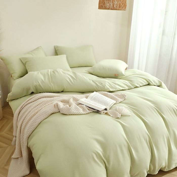91家纺网 家纺一手货源 找家纺 晶缦家纺 2026新款纯棉纯色A类全棉双层纱四件套（水洗预处理）-觅琳系列 觅琳-浅春绿