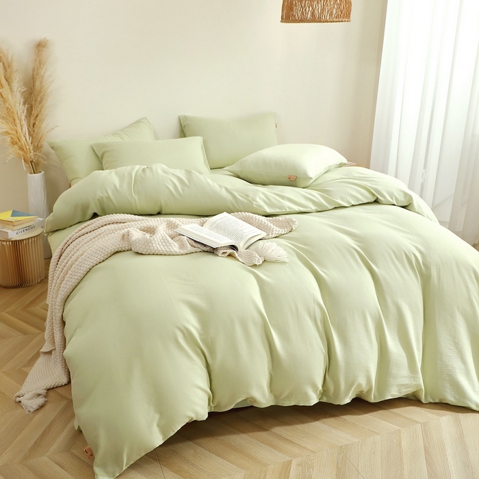 91家纺网 家纺一手货源 找家纺 晶缦家纺 2026新款纯棉纯色A类全棉双层纱四件套（水洗预处理）-觅琳系列 觅琳-浅春绿