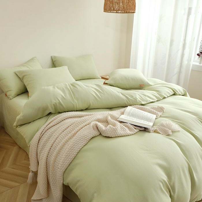 91家纺网 家纺一手货源 找家纺 晶缦家纺 2026新款纯棉纯色A类全棉双层纱四件套（水洗预处理）-觅琳系列 觅琳-浅春绿