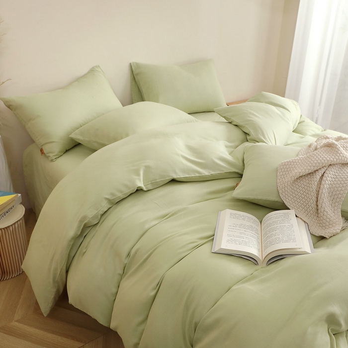 91家纺网 家纺一手货源 找家纺 晶缦家纺 2026新款纯棉纯色A类全棉双层纱四件套（水洗预处理）-觅琳系列 觅琳-浅春绿